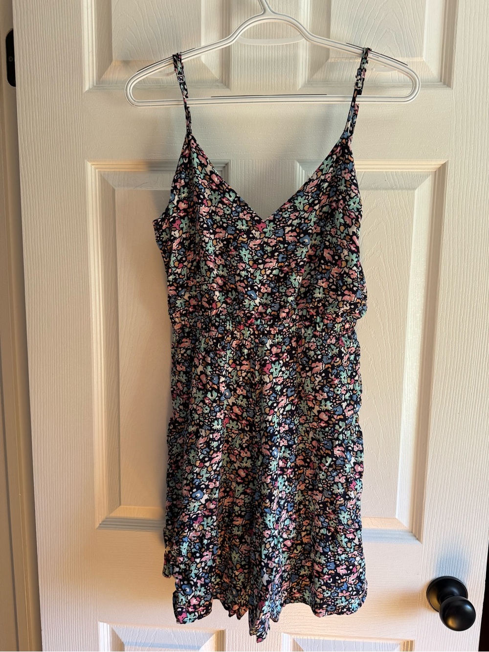 Floral V-Neck Spaghetti Strap Romper - Black with Pink & Mint